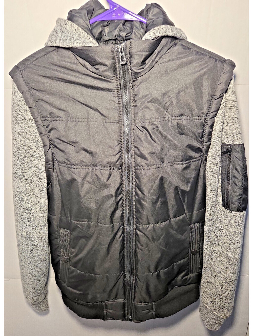 Distortion Hooded Puffer Jacket Mens Medium Black Gray Mixed Media Full Zip
